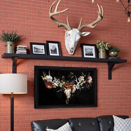 LevvArts Moody Wall Art Framed Deer Skull with Floral Painting Canvas Print Dark Bohemian Home Decor Aesthetic Bedroom Decoration 16"x24"