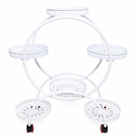 FFanhia Metal Plant Stands 6 Pots Plants Flower Holder 4 Tier Display Shelf Rack with Wheels for Patio Garden Yard Home Decor Indoor And Outdoor, Round White