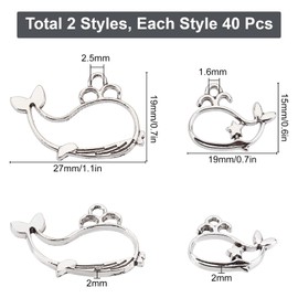 SUNNYCLUE 1 Box 80Pcs 2 Style Whale Bezel Charms Alloy Open Back Bezel Pendants for Bracelet Necklace Earrings Jewellery Making, Silver