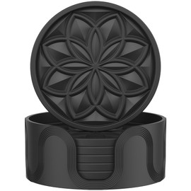 HFHOME Coasters for Drinks 6 Pack Silicone Coasters Set with Holder, Drink Coaster for Coffee Table, Table Cup Mat Desk Coaster for Drinks, Bar Coasters for Home Decor Tabletop Protection Gift - Black