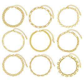 BOMAIL 9pcs Gold Bracelets for Women-14K Gold Plated Stackable Bracelet Stack Set Adjustable Trendy Thin Dainty Cuban Link Paperclip Chain Bracelet Pack Layered Gold Chain Bracelets Sets for Women
