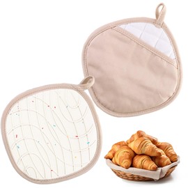 YUNYU 2-in-1 Oven Gloves with Pockets, Heat Resistant Oven Gloves, Non-Slip Cotton Oven Gloves, Kitchen Gloves for Cooking & Baking (20 x 20 cm, Beige)