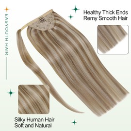 Easyouth Ponytail Extension Wrap Around Ponytail Human Hair Ash Brown Highlights Platinum Blonde Clip in Ponytail Hair Extensions Human Hair Pony Tails Hair Extensions Human Hair Natural 12inch 70g