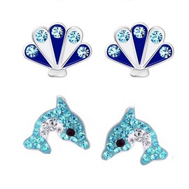 FIVE-D Children's Earrings - Dolphin Turtle 925 Silver - High Quality Girls Stud Earrings - Gift Set Children's Jewellery, Sterling Silver, No Gemstone