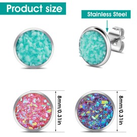 20 Pairs of Stud Earrings Set Round Druzy Stainless Steel Stud Earrings Jewellery Boho Statement Earrings Fashion Jewellery Earrings Set Girls, Stainless steel and shiny resin, No gemstone.