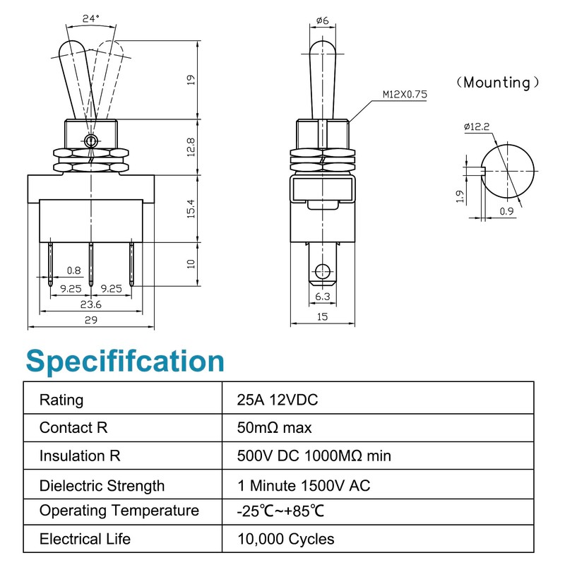 Heschen Metal Toggle Switch Flick Flip, KN3D-102, 12V 25A, ON/ON,