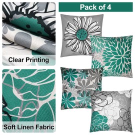 18x18 Decorative Pillow Covers HADEEONG Set of 4 Green and Grey Throw Pillow Covers Modern Daisy Farmhouse Cushion Covers for Couch Sofa Bed Outdoor Decoration(Green,18x18in)
