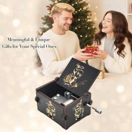 Wooden Music Box, Hand Crank Wood Musical Boxes, Antique Engraved Carved Crafts Gift for Wedding, Valentines, Christmas, Birthday(Black)