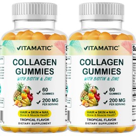 Vitamatic 2 Packs Hydrolyzed Collagen Gummies with Vitamin C, Zinc and Biotin, 200 mg - 60 Gummies (Total 120 Count)
