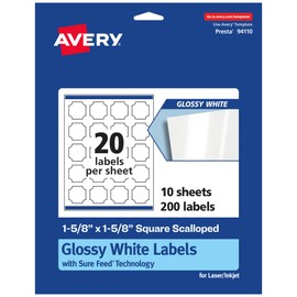 Avery Glossy White Square Scalloped Labels with Sure Feed, 1-5/8" x 1-5/8", 200 Glossy White Labels, Print-to-The-Edge, Permanent Label Adhesive, Laser/Inkjet Printable Labels