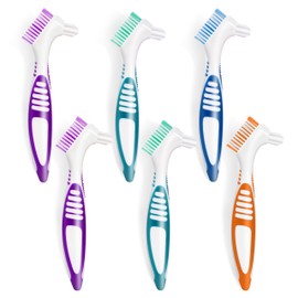TaShow 6 Pcs Denture Brush Set for False Teeth, Denture Toothbrushes with Double Sided Design, Denture Cleaning Brush with Multi-Layered Soft Bristles and Rubber Anti-Slip Handle, 4 Colors