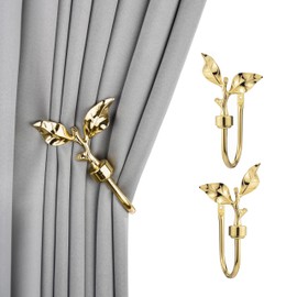 SUQ I OME 1 Pair of Leaf Shaped Curtain Holdbacks Metal Curtain Side Holders for Wall, Antique Brass Curtain Tieback Hook Pull Backs for Drapes Window Home Decoration,Golden