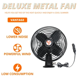 All-Metal 8" 12V RV Car Fan with Three-Way Switch, 6FT Cord | Screw-mounted heavy-duty 12V fan for truck, RV, camper, trailer, bus, boat; quiet operation; rotating airflow; 6-foot cord.