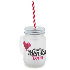 printplanet Drinking Glass with Handle and Straw Printed with Name Grandma Layout Favourite Person Handle, Satined Glass with Lid and Reusable Drinking Straw