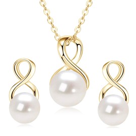 DENGGUANG Pearl Necklace and Earring Set for Women, 14K Gold Plated Freshwater Cultured Pearl Infinity Wedding Jewelry Anniversary Birthday Gifts for Her, Sterling Silver, Pearl