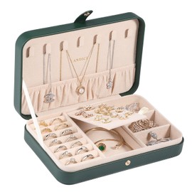 LANDICI Jewellery Box Small Organiser for Women Girls PU Leather Travel Storage Case Portable Holder for Ring Earrings Necklace Bracelet Gift Box Blackish Green