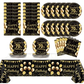 Qyeahkj 70th Birthday Plates and Napkins Party Supplies Black Gold Cheers to 70 Party Plates Napkins Tablecloth 70 Years Old Paper Dinnerware Set Happy 70 Birthdays Favors for Men Women Serve24 Guests