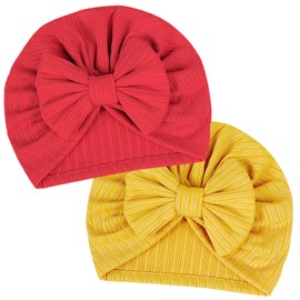 LECTNORE 2Pcs Newborn Baby Hat, Soft Stretchy Baby Turban Hats Infant Girls Boys Cap Nursery Hospital Caps for Newborn Baby, Toddlers(red/Yellow)