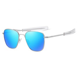 Gleyemor Polarized Square Aviator Sunglasses for Men Retro Military Tough Guy Style Shades (Silver Frame/Blue Mirror Lens)
