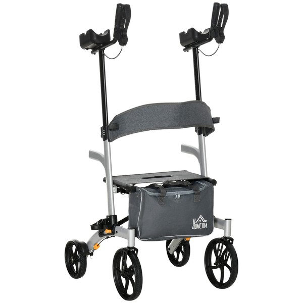 HOMCOM Aluminum Forearm Rollator Walker for Seniors and Adults with 10'' Wheels, Seat and Backrest, Folding Upright Walker with Adjustable Handle Height and Removable Storage Bag, Silver