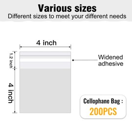 COQOFA 4x4 inch 200Pcs Clear Cellophane Bags Self Adhesive Cookie Candy Bags Resealable Self Sealing Gift Packaging Plastic Cello Bags Small Treat Bags