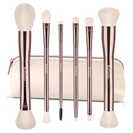 Raffaello 6-in-12 Dual-Ended Makeup Brushes Set, Sustainable Rose Gold Brushes with Recycled Materials, Includes White Faux Leather Pouch, Professional Face & Eye Makeup Kit for Travel and Daily Use