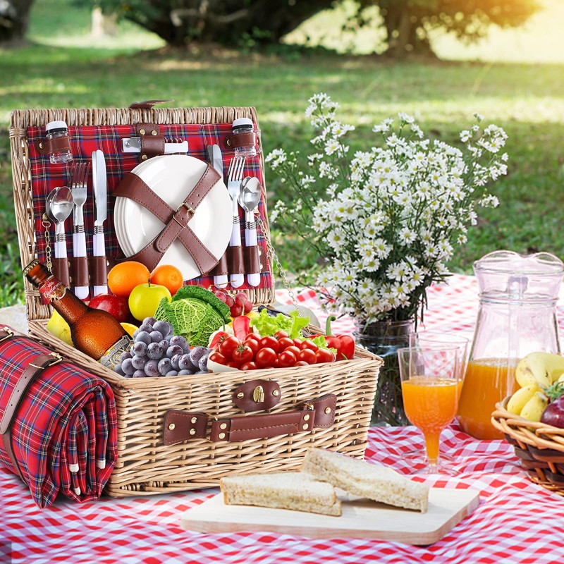 HYBDAMAI Wicker Picnic Basket for 4 with Waterproof Picnic Blanket