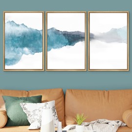 SIGNWIN 3 Piece Framed Canvas Wall Art Blue Mountains and Lake Watercolor Nature Wilderness Illustrations Abstract Traditional Home Artwork Decoration for Living Room,Bedroom - 24"x36"x3 Natural