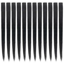 Pack of 12 Hair Extensions, Black Hairpiece Hair Strands for Clip-in, Straight Long Hairpieces, Hair Strands, 55 cm Hair Extensions Clip in for Children Women