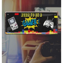 schilderkreis24 Tin Sign Funny Gaming Saying "Born to be a Gamer" Decorative Player PC Console Game Computer Vintage Retro Metal Sign Gift Idea Birthday Christmas Console Player 28 x 12 cm
