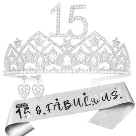 HnoonZ Birthday Gift for 15 Year Old Girl,Crown 15th Birthday,15th Tiara,15 and Fabulous Sash