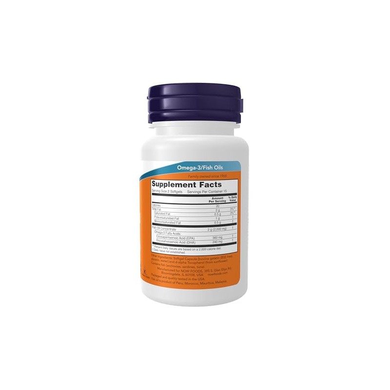 NOW Suplementos, Omega-3 180 EPA/120 DHA, Molecularmente destilada, Apoyo cardiovascular