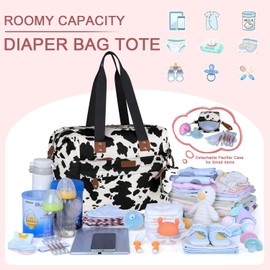 Pritent Diaper Tote - Baby Bag with Pacifier Case, Shoulder Straps, Stroller Clips, Waterproof Large Mommy Maternity Travel Bag for Mom and Dad, Cow Print