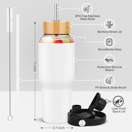 PROBTTL Glass Water Bottles 32 oz, 1 Liter Glass Tumbler, Borosilicate Water Bottle with Straw, Silicone Sleeve, 2 Lids - Handle Spout & Bamboo Straw Lid, Fits Car Cup Holder