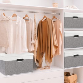 Yawinhe Storage Bins with Lids, Decorative Storage Boxes Comes with 2 Metal Handles, Waterproof Storage Basket Bins, Closet Storage Containers, White/Gray, 15''Lx9.8''Wx9.8''H, 1-Pack