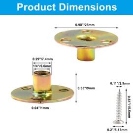 Rierdge 20 Pcs 1/4"-20 Brad Hole T Nut Carbon Steel Round Base Screw-in T-Nuts Furniture Hardware Flange Insert Female Thread with Screws