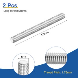 sourcing map M12x120mm Fully All Threaded Rod, 2Pcs 316 Stainless Steel Long Threaded Screw 1.75mm Thread Pitch Right Hand Threads for Furniture Mounting Assembly Fastening