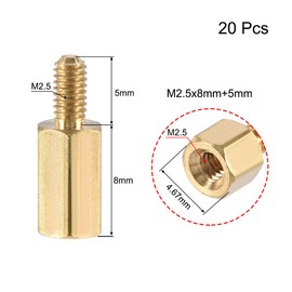 sourcing map M2.5 x 8 mm + 5 mm Male Socket Brass PCB Motherboard Spacer Stand Pack of 20
