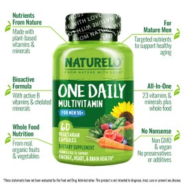 NATURELO NATURELO Mens Multivitamins for Men 50+ - One Daily Multivitamin for Men with Vitamins, Minerals & Organic Whole Foods, Boost Energy & Health, Non-GMO, 60 Vegetarian Capsules