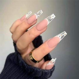 Medium Press on Nails Set with White Snowflakes Design, Long Fake Nails Full Cover Stick on Nails, Acrylic Nails, Reusable Stick on Nails, for Women and Girls, Nude Color, Style 16