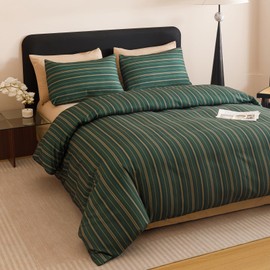 honey qiao Green Striped Comforter Set Twin Size - 100% Washed Cotton Linen Brown Textured Comforter, 3 Pieces Classic Striped Breathable Soft Bedding Set (Green&Brown Stripe, Twin)
