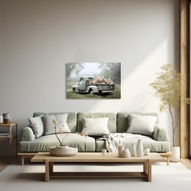 QIXIANG Farmhouse Truck Canvas Wall Art Old Car and Pink Flower Picture Prints for Bedroom Home Living Room Decor with Framed (16.00" x 24.00", Truck)