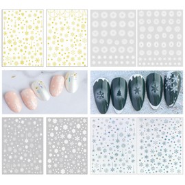 FsGrg Nail Stickers Snowflake Nail Stickers Winter Snow Scenery Shiny Snowflake Stickers Nail Art Decoration Set of 8 in 4 Styles, 3 Colors, White, Silver, Gold, 2 Sheets in 1 Style