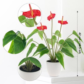 Quancru 16.5 Inch Realistic Artificial Anthurium Flower Red Fake Flamingo Flower Simulated Andraeanum Plant Pot Decoration Table Photography Bonsai