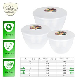 Just Pudding Basins 3 Larger Clear Pudding Basin Bowl Sizes and Lids in 1 Set, 1x 1.5 Pint (850ml), 1x 2 Pint (1.14lt), 1x 3 Pint (1.71lt)