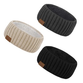 Loritta 3 Pack Winter Headbands for Women Fuzzy Fleece Lined Ear Muffs Thick Warm Ear Warmers, Black/Beige/Dark Grey(Stripes)