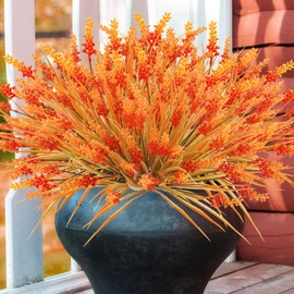 obbsie 36 Bundles Artificial Fall Flowers Outdoors Fake Fall Lavender Flowers UV Resistant No Fade Plastic Faux Fall Plants for Indoor Home Porch Autumn Thanksgiving Fall Decorations (Orange)