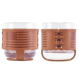 OOWEE: Leather Wrapped Rocks Glass Set of 2 - American Flag Logo - 9oz Rocks Glasses with Handmade Leather Wrap