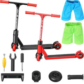 Civaner 22 Pcs/ 2 Sets Finger Scooter Toy Mini Scooters Finger Board Accessories with Pants and Tools, Alloy Interactive Toys for Skateboarder(Red, Black)