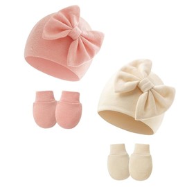 Eosbird 2 Pack Double Layered Baby Boys Girls Beanie Hats, Cute Knit Cap Baby Girl Beanie Spring Summer Autumn Winter Hats for 0-6 Months Infant (UK, Age, 0 Months, 6 Months, Pink+Beige)